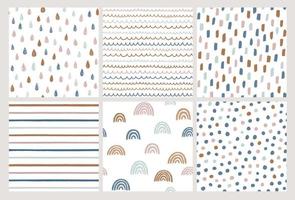 Set of hand drawn vector patterns in trendy colors. Doodles made with ink. Rainbow, stripes, dots, rain drops, brush strokes. Seamless geometric backgrounds.