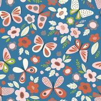 Butterfly floral pattern. Seamless vector background with butterflies and flowers in retro colors.