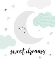 Cute vector moon illustration with hand lettered phrase Sweet Dreams. Sleeping, smiling moon character with clouds and stars in scandinavian style. Soft, pastel colors.