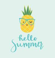 Cute pineapple with glasses and hello summer phrase in hand drawn brush script. Funny cartoon character and hand lettering. vector