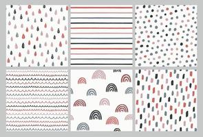 Set of hand drawn vector patterns in trendy colors. Doodles made with ink. Rainbow, stripes, dots, rain drops, brush strokes. Seamless geometric backgrounds.