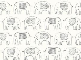 Hand drawn elephant pattern. Doodle elephant silhouette line drawing. Vector seamless background in black and ivory.