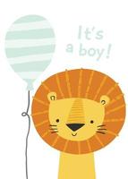 Cartoon lion with a balloon. It's a boy. Cute lion character for boy baby shower invitation, greeting card, birthday party, nursery art poster. vector