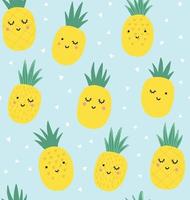 Cute smiling pineapple vector pattern. Summer seamless background. Child, baby hand drawn funny character.