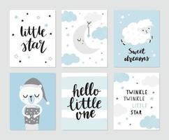 Cute moon, sheep, sleeping bear in pyjama, nursery rhymes. Hand lettering - Little star, sweet dreams, hello little one. Baby shower invitation, greeting card, nursery poster. vector