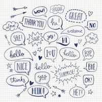 A set of cute cartoon speech bubbles with hi, hello, love and many more in hand drawn style. Vector doodle design elements.