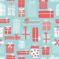 Christmas gift boxes pattern with ribbons in hand drawn doodle style. Winter holiday background with presents. Seamless design for greeting cards, invitations, posters. vector
