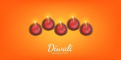 happy diwali, festival of light with oil lamp candle illustration on the orange background vector
