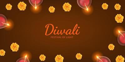 Happy diwali. oil lamp candle with marigold flower on the dark background for greeting card template vector