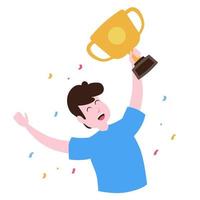 Football or soccer player winner the league cup champion with trophy and confetti vector