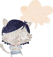 cartoon cat girl and speech bubble in retro textured style vector