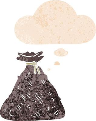cartoon old hessian sack and thought bubble in retro textured style