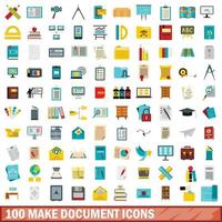 100 hacer conjunto de iconos de documentos, estilo plano vector