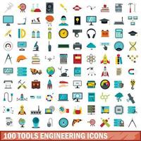 100 tools engineering icons set, flat style vector