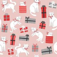 Christmas vector pattern with cats with bows and gift boxes. Hand drawn seamless background with cats, presents with bows.