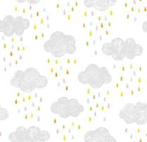 Vector kids pattern with clouds and rain drops. Cute doodle scandinavian seamless background in mint, pink, yellow and gray.