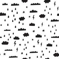 Graphic cloud seamless pattern with rain drops, storm, lightning. Scandinavian style childish vector background. Hipster abstract repeat.