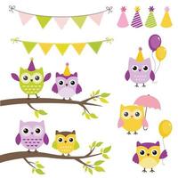 Vector birthday party elements with owls, bunting banners, balloons. Green, purple and yellow color scheme.
