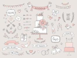 Set of wedding illustrations and icons. Hand drawn vector collection of design elements for for invitations, greeting cards, posters.