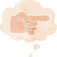 cartoon pointing hand and thought bubble in retro textured style vector