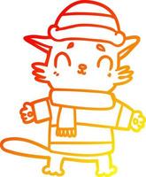 warm gradient line drawing cartoon cat in winter clothes vector