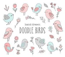 Vector hand drawn birds. Cute doodle bird characters with flowers and leaves. Funny spring illustrations in pastel colors.