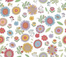 Hand drawn floral vector pattern. Cute doodle spring background with flowers, leaves and branches.