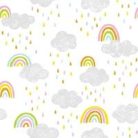 Vector sky pattern with clouds, rain drops and rainbows. Cute doodle scandinavian seamless background in blue, pink, yellow and gray.