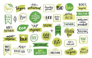 Organic food, eco, vegan and natural product icons and elements set for food market, ecommerce, organic products packaging, healthy life promotion, restaurant. Hand drawn vector design elements.