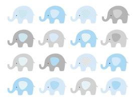 Cute elephant vector set. Vector elephants with patterned ears. Blue and Gray.