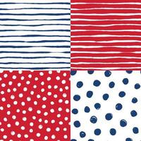 A set of hand drawn vector seamless patterns in navy and red. Brushed stripes and dots.