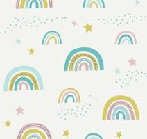 Hand drawn cute abstract pattern with rainbows and stars. Rainbow doodle vector seamless background. Design for fabric.