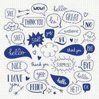 Hand drawn set of speech bubbles with dialog words. Vector doodle illustration.