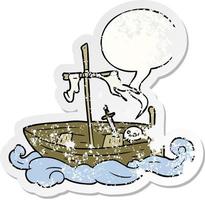 cartoon old shipwrecked boat and speech bubble distressed sticker vector