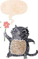 gato de dibujos animados con flor y burbuja de habla en estilo retro texturizado vector