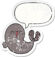 cute cartoon whale and speech bubble distressed sticker vector