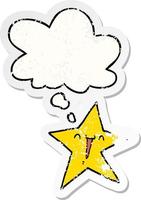 happy cartoon star and thought bubble as a distressed worn sticker vector