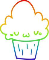 línea de gradiente de arco iris dibujo cupcake de dibujos animados con cara vector