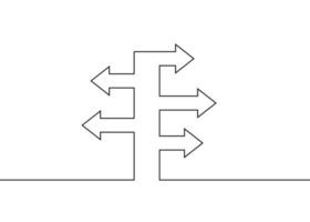 Arrow indicator pointer, path choice, single continuous one line drawing. Graphic direction. One stroke sketch outline draw. Vector illustration