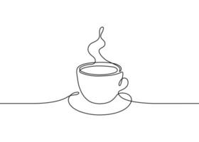 Cup of drink coffee or tea, one single continuous line drawing. Simple abstract outline beautiful mug with steam beverage. Vector illustration