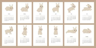Calendar 2023 with cute rabbit. 12 month vertical pages schedule hare character mascot symbol year. Cute bunny 2023 to Chinese calendar. Vector illustration