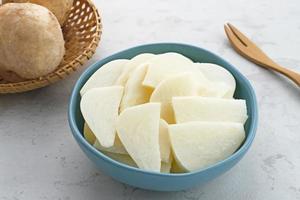 A bowl of fresh jicama or bengkoang, jicama slices, gut health. photo