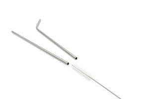 Straight and Curve Stainless straw with cleaning brush on the white background. photo