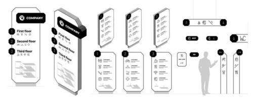 Wayfinding system signage mockup set. Exterior and interior way finding design templates. Mall navigation mock up. Commercial building information boards. Residential complex direction vector signs