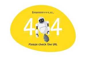 página del sitio web no encontrada url error 404. carácter de robot roto sobre fondo amarillo. bloqueo del sitio en la plantilla de diseño web de trabajo técnico con mascota de chatbot. falla de asistencia de bot en línea de dibujos animados. vector