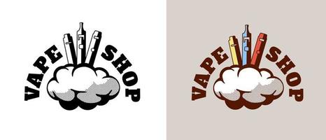 Vape shop vintage retro style logo set. Hipster cartoon vaporizers with smoke cloud and lettering. Electronic cigarette store logotype. E-cigarette vaping seller badge vector eps design template