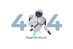 Website page not found error 404. Robot character with magnifying glass in hand. Site crash on technical work web design template with chatbot mascot. Cartoon online bot assistance failure. Vector eps