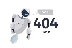 Website page not found error 404. Robot character broken. Chatbot mascot disabled. Site on technical work web design template. Cartoon online bot crash accident. Robotic assistance failure. Vector eps