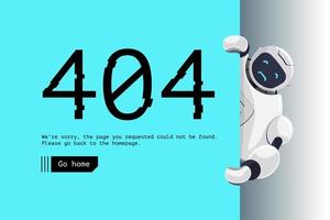 Website page not found. Wrong URL address error 404. Sad robot character holding blue board. Site crash on technical work web design template with chatbot mascot. Vector cartoon bot assistance failure