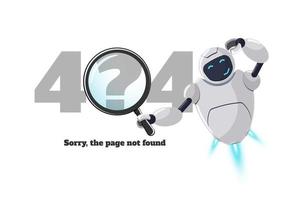 Website page not found error 404. Worried robot character with magnifying glass in hand. Site crash on technical work EPS web design template with chatbot mascot. Cartoon online bot assistance failure vector